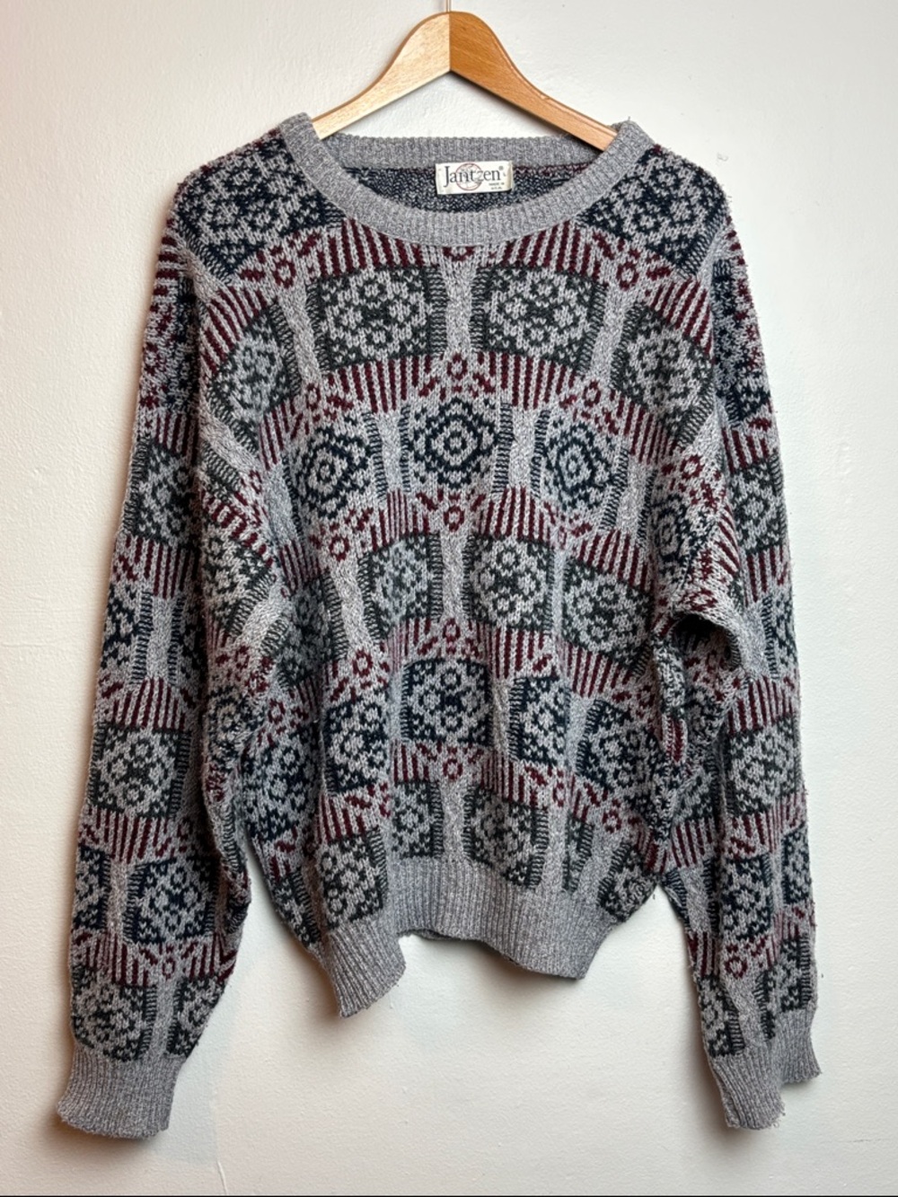 VTG 80s Jantzen‎ Men’s Large Geometric Knit Crewneck Sweater Gray